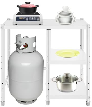 Brride Estante para cocina para bombonas de gas y estufas, soporte para microondas con almacenamiento, soporte de cocina de 3 niveles con estantes ajustables, soporte de mesa para bar café