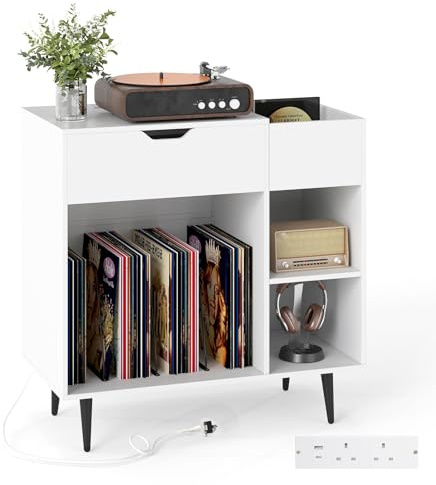 COSTWAY Record Player Stand with Charging Station, Turntable Stand End Side Table with Drawer, 3 Dividers and Shelves, Albums Vinyl Record Storage Cabinet Holder for Living Room Bedroom (White)