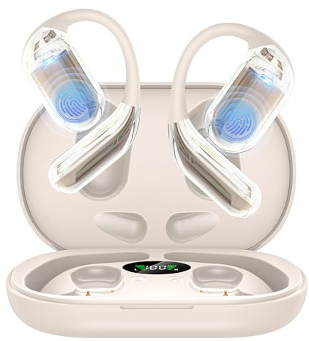 EUQQ Open Ear Kopfhörer 50 Std Kabellos Bluetooth 6.1 HiFi Kopfhörer mit Flexiblem Ohrhaken 4 ENC Mic 1 std Schnellladung Doppel LED Ladebox Smart Touch Over On Ear Ohrhörer für Sport Running (Khaki)