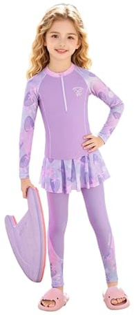 Agoky Ensemble Maillot De Bain Enfant Fille Protection Solaire Anti UV Rashguard Haut Et Pantalon De Bain Swimsuit Violet Clair 11-12 Ans