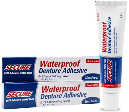 Secure Denture Adhesive Cream for Uppers, Lowers & Partials – Waterproof Seal & Zinc Free – Food Grade Ingredients – Less Adhesive, More Hold – Tube Lasts Up to 8 Weeks – 1.4 oz (2 Pack)