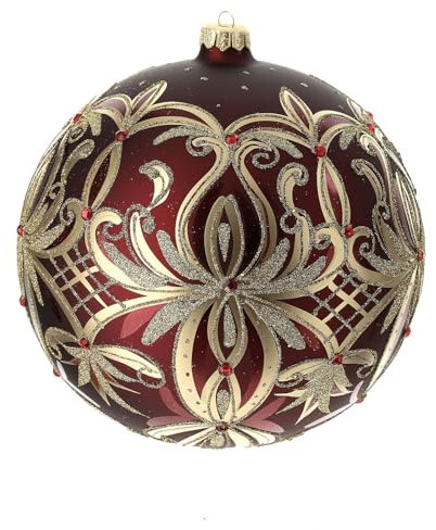 Holyart Weihnachtsbaumkugel aus mundgeblasenem Glas Grundton Rot mit goldenen floralen Verzierungen 200 mm