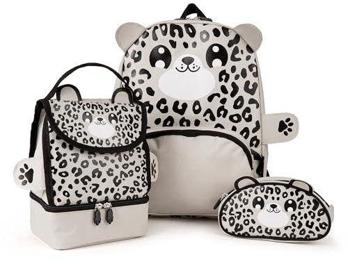 Zappi Co Children's Snow Leopard Backpack Triple Set - Package Includes Backpack, Lunch Box, and Pencil Case - Fun Wildlife Rucksack for Boys and Girls - Back to School Essential