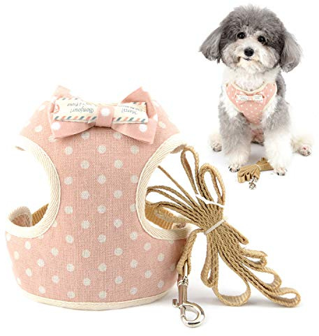 Zunea Harnais et Laisse Anti-Fuite pour Petit Chien Anti Traction Harnais Réglable à Pois avec Nœud Maille Souple rembourrée Harnais Veste pour Chiot Chat Rose L