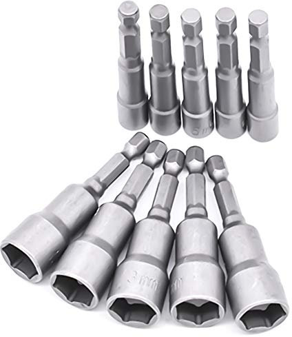 10er Set Magnete Sechskant Stecknuss, 6-19mm Steckschlüssel, Anschrauben Schraubenschlüssel für Bohrer (Chrom Vanadium Stahl)
