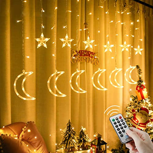 Rideau lumineux étoile lune 138 LED, Guirlande Lumineuse 5,5M 8 Modes et Fonction Mémoire Extérieur/Intérieur avec Prise, étanche IP65 Télécommande Minuterie pour Chambres, Balcons, Noël