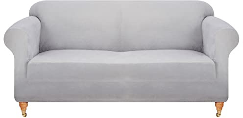 viceroy bedding VELVET STRETCH Thick Sofa Covers 1/2/3/4 Seater Sofa Furniture Protector EASY FIT ELASTIC Jacquard Fabric Couch Settee Slipcover BONUS SIDE STORAGE POCKET (Silver Grey, 3 Seater)