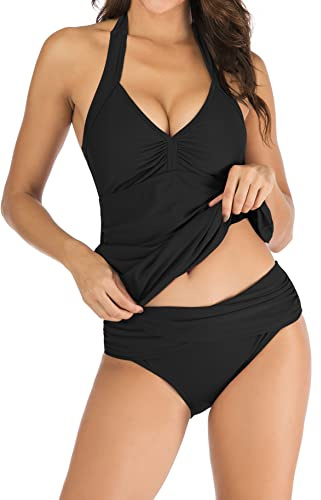 Laorchid Dam push-up tankini set tvådelad baddräkt baddräkt mage way strandmode neckholder badmode tankini v-ringad, svart, 44