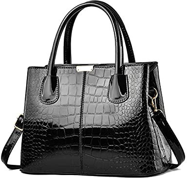 NICOLE & DORIS Handtaschen Damen Mode Krokoprägung Henkeltasche Lackleder Handtasche Shopper Umhängetaschen Damentasche mit Reißverschluss Schwarz