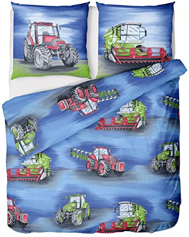 LINKHOFF Traktor Bettwäsche 135x200 Jungen 2tlg | Mähdrescher & Traktoren Bettwäsche-Set für Kinder | Trecker Kinderbettwäsche | Biber Qualität 100% Baumwolle