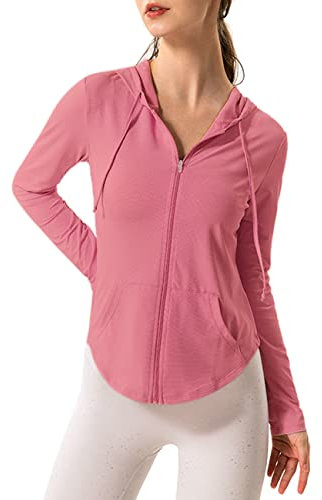 Hanyomo Femmes Manches longues UPF 50 + écran solaire Veste Hoodie Fitness Avec poches Yoga Fermeture éclair complète Athlétique Jacket Rose L
