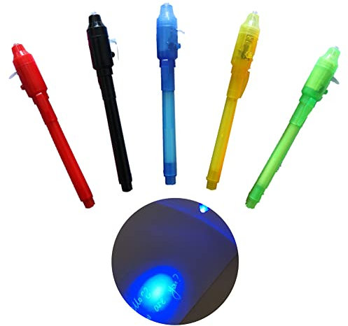 BAOSROY Zauberstifte,5pcs Geheimstift,Geheimstift mit UV-Licht,Unsichtbarer Stift Spy Pen,Zauberstifte Kinder,Unsichtbar Schreiben für Kinder Kindergeburtstag Gastgeschenke