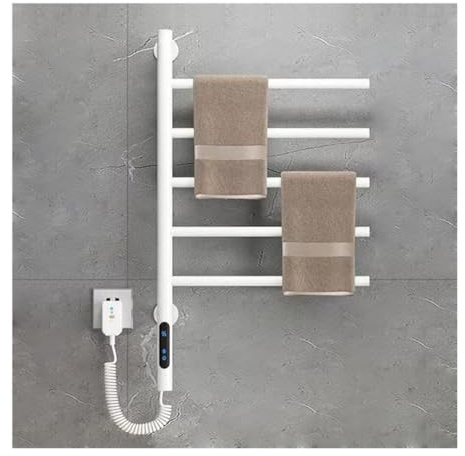 YJSG Swivel Towel Warmer Rack, Rotating Electric Heated Towel Rack Wall Mounted, Stainless Steel Towel Warmers for Bathroom, 5 Bars with Timer, 1h-24h,82w,for Home Bathroom, Spas,Plug-in, White