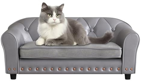 PWTJ Pet Sofa with Removable Cushion Cover, PU Leather Dog Cat Bed with Brass Nail Decor & Stitched Backrest, Elegant Design for Living Room (Grey)