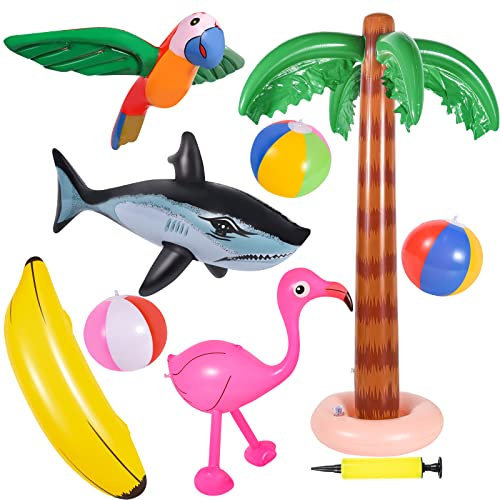 FORMIZON Aufblasbare Palmen Spielzeug Set, 9 Stücke, Flamingo Baum Strand Spielzeug, Fliegen Papagei Delphin Bananen Strand Bälle für Sommer Schwimmbad Hawaii Deko Themenparty