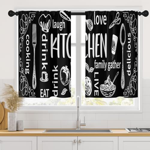 Arttown Black Kitchen Curtains 36 Inch Length Doodle Window Short Tier Curtains Over Sink Set of 2, Funny Abstract Small Kitchen Decor