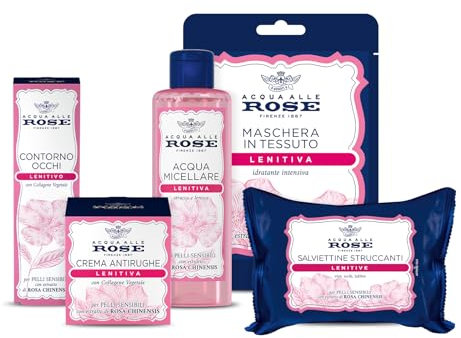 Acqua alle Rose, Kit Routine Viso Lenitiva, per Pelli Sensibili o Secche, contiene Acqua Micellare, Crema Antirughe, Contorno Occhi, Maschera in Tessuto e Salviettine Struccanti - Esclusiva Amazon