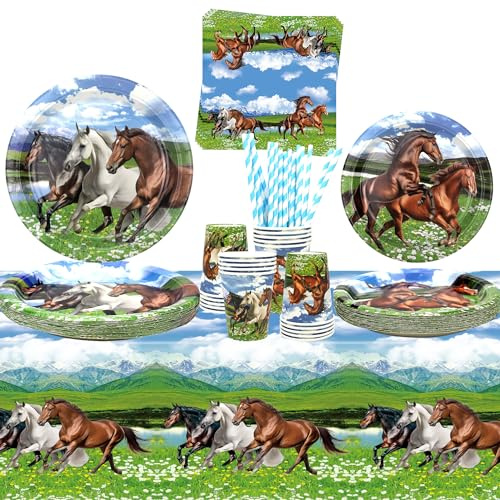 Pferde-Partyzubehör – für 20 Personen, Pferde-Partygeschirr – Speiseteller, Desserts, Teller, Becher, Servietten, Tischdecke, Strohhalme für Cowboy, Westernjunge, Geburtstagsparty-Zubehör