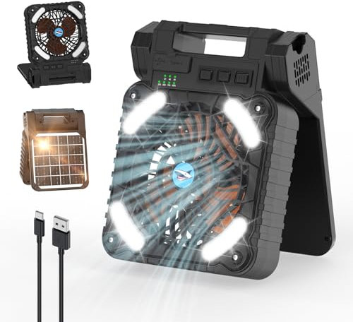 Smiling Shark Camping Ventilator LED, 6000mAh USB Aufladbar Tragbar Zelt Ventilator light 4 Speeds & 3 Timer 90° Faltbare Kabellos Solar LED Camping Fan with Power Bank für Reisen Fishing Wandern