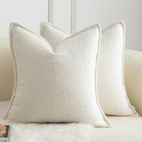 Mandioo Pack of 2 Cushion Covers 40cm x 40cm Decorative Accent Solid Woven Textured Throw Pillow Covers cases Bedroom Living Room Couch Sofa Home 16 x 16 Inch Cream white