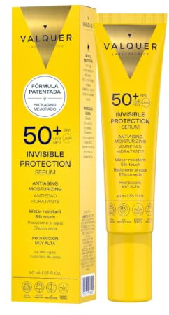 VALQUER Invisible Serum Facial Solar SPF 50+ | 40 ml | Hidratante Antiedad Resistente al agua | Protección UV de Textura Ligera para Todo tipo de piel | Vegano