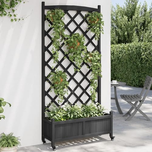 Gecheer Fioriera Letto Rialzato con Traliccio e Ruote in Legno di Abete Nero, 90x35x187,5 cm, Grigliato