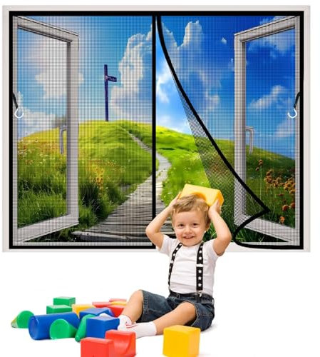 Fenstervorhang, 65x185cm Magnet Fliegengitter Fenster Insektenschutz, Zum Schutz vor Fliegen und anderen Insekten, einfache Klebemontage, Schwarz 1995-Größe