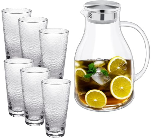 Wilmax Glaskrug 2,5L mit 6 Wassergläser 450ml im Set | Getränkeset | Wasserkrug für Saft, Wasser, Eistee, Milch | Glaskaraffe | Wasserkanne | Spülmaschinenfest | Glaskanne | Transparent