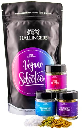 Hallingers Genuss Manufaktur Feinkost Geschenk-Set - wertig in der Wundertüte Vegan Selection kleines veganes Mitbringsel Blausalz, Reisgewürz & Café de Paris, Geschenkidee für Frauen Männer