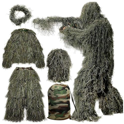 5-Teilige 3D Ghillie Suit Camouflage Jagdbekleidung Tarnanzug Herren Einschließlich Jacke,Hose,Kapuze,Tragetasche Tarnzelt Fotografie für Unisex Erwachsene/Jugendliche,ForestGreen-Kids