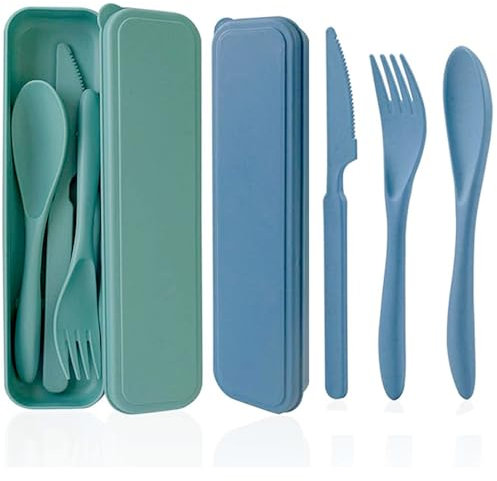 2 Sets Camping Cutlery, Portable Travel Cutlery Set with Case, Reusable Plastic Cutlery Knife Fork Spoon Set for Lunch Box,Picnic, Work School or Daily Use (Green+Blue)