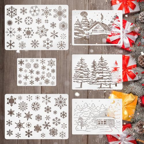 6 Stück Schablonen Weihnachten Schneeflocken Schablone, Große Weihnachts Schneeflocken Schablonen, Wiederverwendbare Winterferien Schneeflocken Vorlage zum Bemalen von Holz Fenster DIY Weihnachtskarte