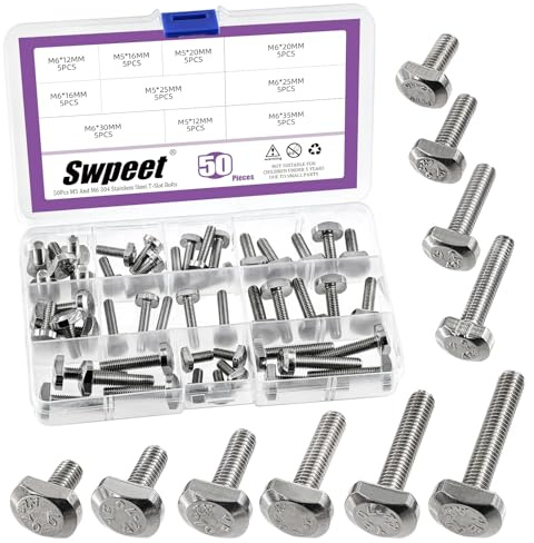 Swpeet 50Pcs 10 Sizes M5 M6 T Slot Drop-in Bolt Assortment Kit, Stainless Steel Thread T Slot Bolts, Hammer Head Bolt, T-Bolt, T Track Bolts, T Shape Stud Sliding Screw for Universal T Track