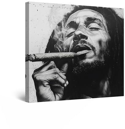 Startonight Quadro su Tela Luminoso - Bianco e Nero Bob Marley Sigaro Cubano, Quadri Moderni Astratti per Soggiorno, Grande Stampe Incorniciate 80x80 cm, Decorazione Parete, Idea Regalo Elegante