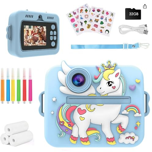 Balakaka Appareil Photo Instantané avec Filtres Créatifs, Appareil Photo Enfant avec Papier d'impression et Carte 32GB, Cadeau pour Filles Garçons de 3-12 Ans, Licorne Bleue