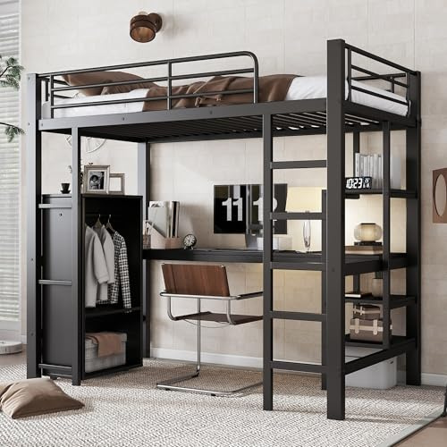 Etagenbett 90x200 cm, Kinderbett Hochbett mit Schreibtisch, Regal, Kleiderschrank und Aufbewahrungsschrank, Metallbett Funktionsbett Einzelbett Jugendhochbett mit Lattenrost, Ohne Matratze, Schwarz