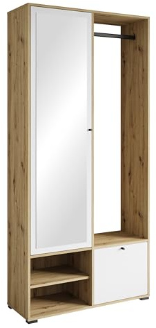MINIO go for it - Garderobe DAFNI 90 cm Breit Flurgarderoben Set | mit Spiegel, Garderoben Set mit Ablage und Schuhschrank, Garderobenschrank Flur, Vorzimmer Möbel, Farbe: Artisan Eiche / Weiß