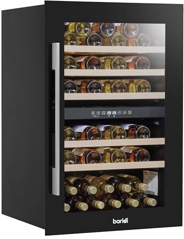 Dellonda Baridi 60cm Built-In Dual Zone 57 Bottle Wine Cooler with Beech Wood Shelves, Black - DH118