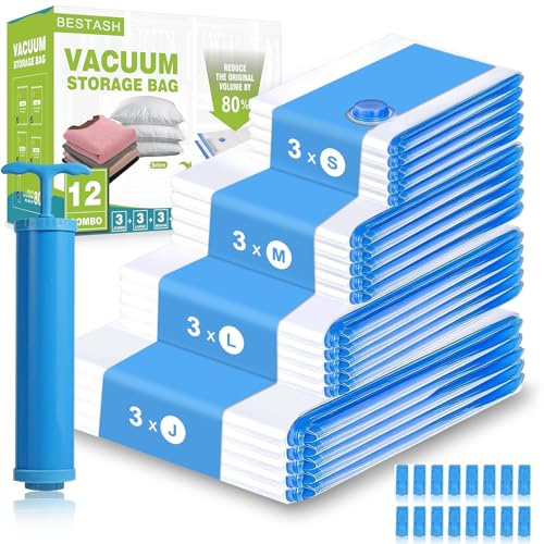 Bestash Borse vuote Vestiti da Viaggio,12 Pezzi Addensato Sacchetti Vuoto Vestiti,Riutilizzabili Grandi con Pompa,Bags Vacuum per Conservare,Biancheria da letto,Trapunte, Cuscini,Coperte