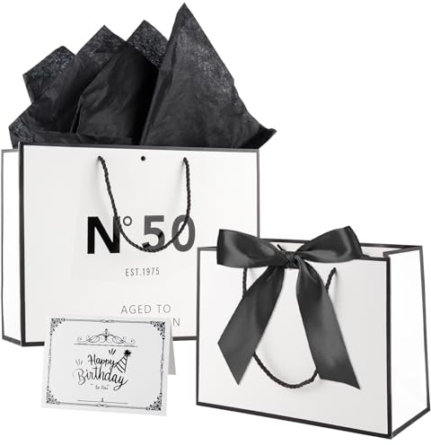 Tookala Weiß Papier Geschenktasche 50. Geburtstag, Geschenktasche mit Seidenband, 33 x 25 x 11 cm Größe Geschenktüte mit karte & Perlgaze, Happy 50th Birthday Geschenktüte, Geschenkbeutel Frau Mann
