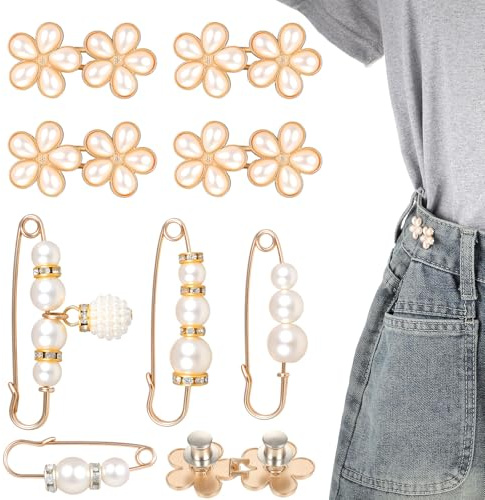 8set Pearl Jean Knopfnadeln, Make Waistband Tighter No Sewing Trouser Waist Tightener Verstellbare Nagelfreie Taillenschnallen, Hose Enger Machen Clip Einstellbar Hosenbund Enger Machen Für Hosen Jean