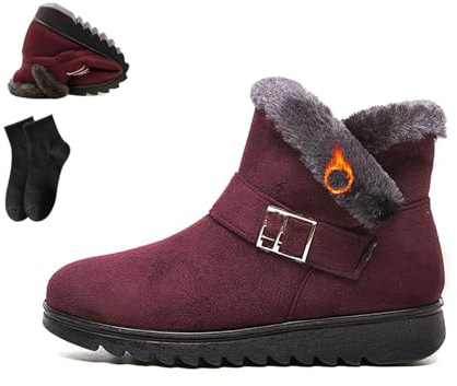 POIOZXD Bottines d'hiver imperméables antidérapantes chaudes en polaire pour femme, doublées de fourrure, bottines d'hiver confortables d'âge moyen, chaussures de marche en coton, bordeaux, 10 UK Wide