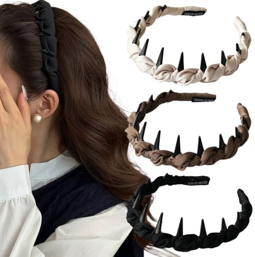 3 Stück Zickzack Haarreif mit Kamm Haifischzahn Haarkamm mit Stoff Stirnband Kunststoff Zähne Make Up Haarband für Damen und Mädchen