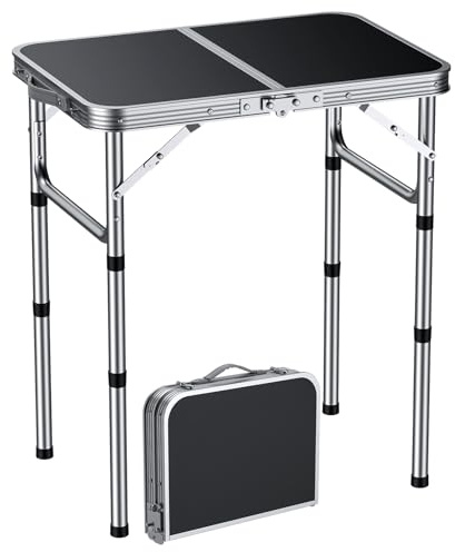 EYPINS Folding Camping Table 58x40 cm, Max Height 70cm Aluminum Picnic Table 3 Heights Adjustable, 2ft Portable Table Lightweight with Carry Handle for Catering Buffet and Garden, Silver