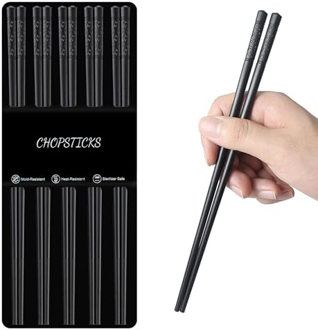 Kucensi 5-Paar Fiberglas Essstäbchen, Wiederverwendbare Legierung Schwarze japanische Sushi Rutschfeste Essstäbchen Set Spülmaschinenfeste