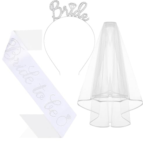 Cosblisvia 3 Stück Bride to Be Set, JGA Accessoires Frauen und Junggesellenabschied Frauen Deko, Schärpe mit Schleier für Braut, Hochzeit Party (Roségold)