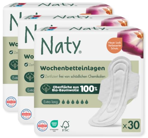 Naty Wochenbetteinlagen mit Flügeln | 100% zertifizierte Bio-Baumwolle auf der Haut | Hautverträglich getestet | Weiche Binden für die Zeit nach der Geburt, 0% konventionelles Plastik | 10 Stück