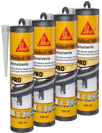 SIKA - Mastic silicone universel - SikaSeal-185 Menuiserie transparent - Joint de construction, menuiserie, vitrerie - Intérieur et extérieur - 300 ml (Lot de 4)