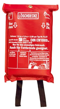 FireLoq Feuerlöschdecke 1,6m x 1,8m DIN EN 1869:2019 Extra Große Löschdecke für Küche, Auto, Industrie Brandschutzdecke in Flexibler Tasche