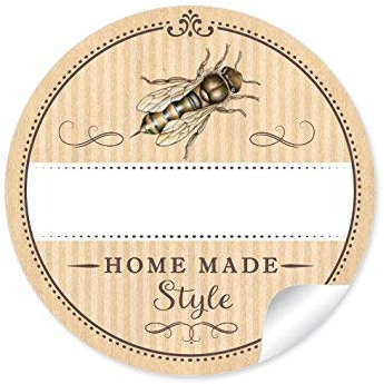 48 STICKER: Home Made Style 48 Schöne Honigetiketten für die Küche in natur mit Biene: mit Freitextfeld für die Honig Sorte (A4 Bogen) • Etiketten im Format 4 cm, rund, matt, für Imker
